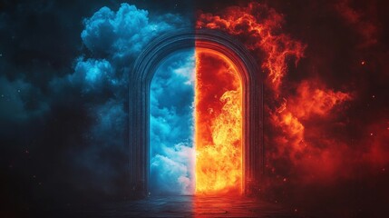 Poster - Split Door Showcasing Contrasting Elements of Cold Blue and Fiery Red with Dramatic Cloud Effects and Abstract Light Patterns