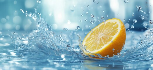 Poster - Fresh lemon slice splashing in water with vibrant blue background, copy space for text