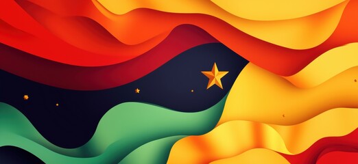 Poster - Colorful abstract waves representing Cameroon flag with star and vibrant colors, copy space for text