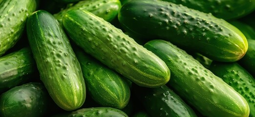 Poster - Fresh green cucumbers piled together showcasing their vibrant color and texture, copy space for text