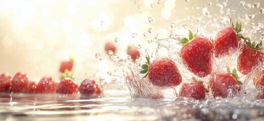 Poster - Fresh strawberries splashing in water with sparkling background and soft light, copy space for text