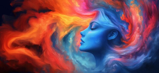 Poster - vibrant abstract portrait of a woman with colorful swirling hair and ethereal background, copy space