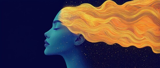 Poster - dreamy female silhouette with flowing hair abstract art digital illustration cosmic background side 