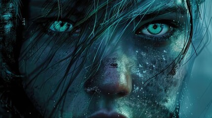 Wall Mural - Close-up of a mysterious figure with striking blue eyes and wet hair, set against a dark, atmospheric background