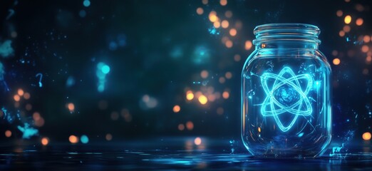 Poster - glowing atom symbol inside glass jar with blue and orange bokeh background, copy space for text