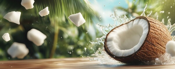 Poster - Coconut Splitting Open with Splashing Water and Floating Coconut Chunks in Tropical Setting, copy space for text