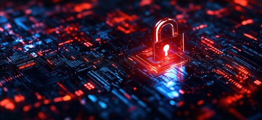 Poster - Digital security lock on circuit board background with glowing red and blue lights, copy space for text