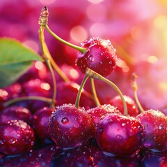 Poster - Fresh cherries with water droplets glistening in sunlight on vibrant background, copy space for text