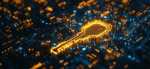 Poster - Digital key symbol glowing on circuit board background representing cybersecurity and encryption, copy space for text
