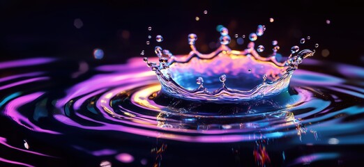 Poster - Colorful water splash creating ripples in dark background with vibrant reflections, copy space for text