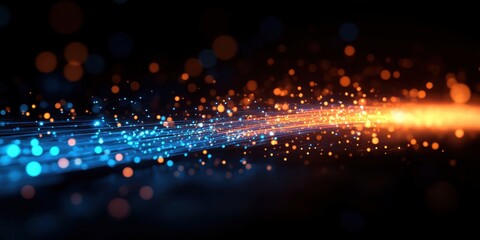 Poster - Abstract Light Rays with Glowing Dots in Blue and Orange Colors on a Dark Background for Creative and Artistic Projects