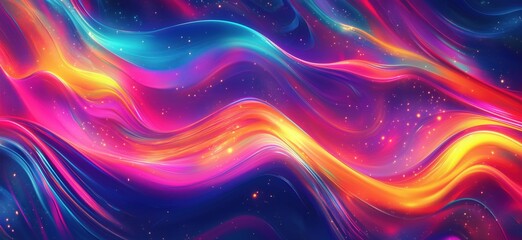 Poster - vibrant abstract waves of color in cosmic space with glowing effects and dynamic flow, copy space fo