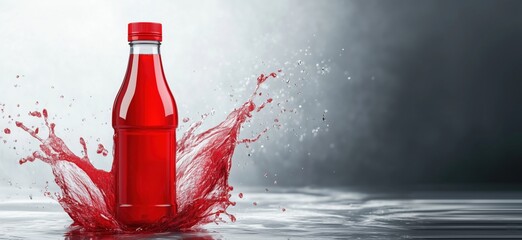 Poster - Red beverage bottle splashing in water with dramatic background and reflections, copy space for text