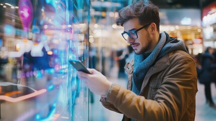 Poster - Young man uses smartphone near digital display in futuristic city center
