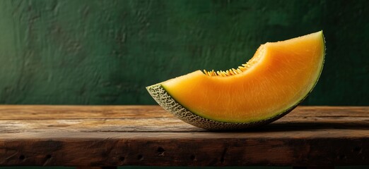 Poster - Fresh cantaloupe slice on rustic wooden table with green background, copy space for text