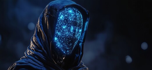 Poster - futuristic humanoid robot with glowing digital face and hooded cloak in dark environment, copy space