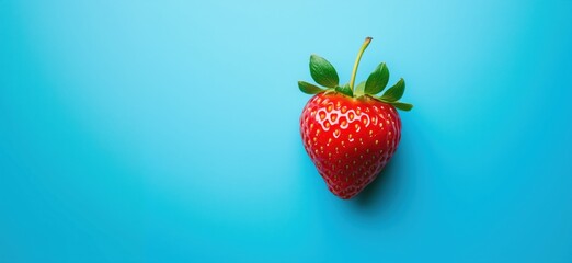 Poster - Fresh red strawberry on vibrant blue background showcasing natural beauty, copy space for text