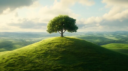 Canvas Print - Solitary tree on a grassy hilltop in a sunlit valley.