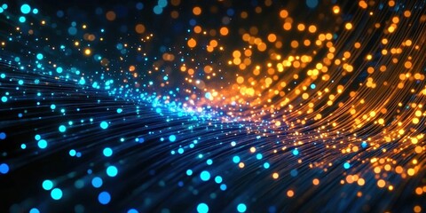 Poster - abstract background with glowing dots and light rays in blue and orange colors creating a dynamic vi