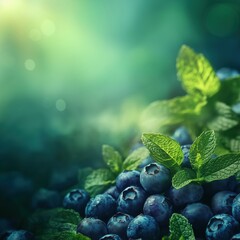 Poster - Fresh blueberries with mint leaves on a vibrant green background, copy space for text