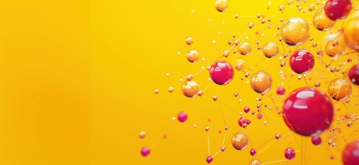 Poster - Colorful abstract molecular structure with orange and red spheres on yellow background, copy space for text