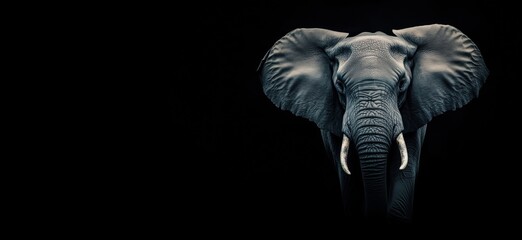Poster - Majestic elephant portrait against dark background showcasing intricate details and textures, copy space for text