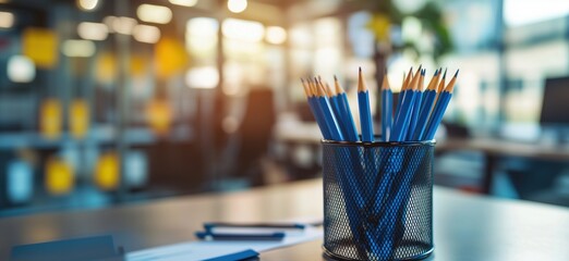 Poster - Blue pencils in a black holder on a desk in a modern office environment, copy space for text