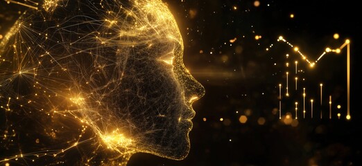 Poster - artificial intelligence concept with glowing human profile and data visualization elements, copy spa
