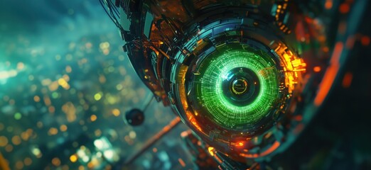 Poster - Futuristic cybernetic eye with glowing green circuitry and urban background, copy space for text