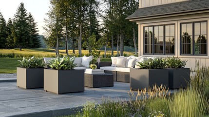 Wall Mural - Modern patio furniture and planters in backyard setting, suitable for catalog or online product display