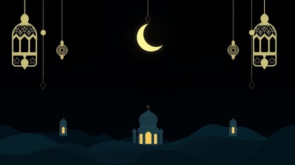 Wall Mural - Ramadan Night: Crescent Moon, Mosques, and Lanterns