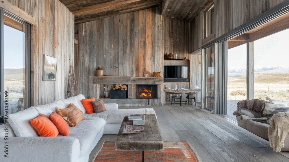 Living room with old weathered barn wood paneling wall and minimalist ...
