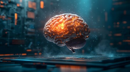 Poster - Glowing and Illuminated Brain with Futuristic Digital Patterns Geometric Shapes and Radiant Lights in a Surreal Conceptual and Composition