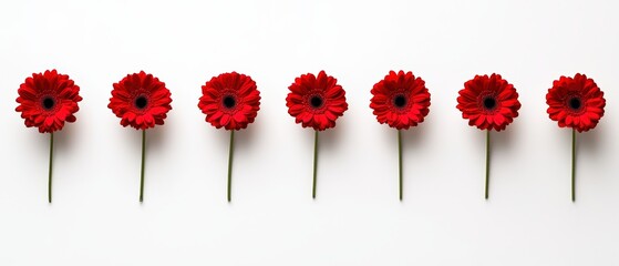 Wall Mural - minimalistic arrangement of red gerbera flowers in a row on a white background for a clean aesthetic