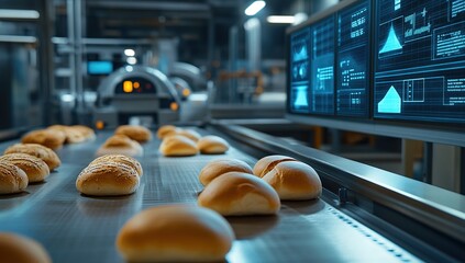 Poster - Automated Bakery Production Line: High-Tech Bread Making Process, Efficiently Moving Loaves, Utilizing Smart Technology for Quality Control.