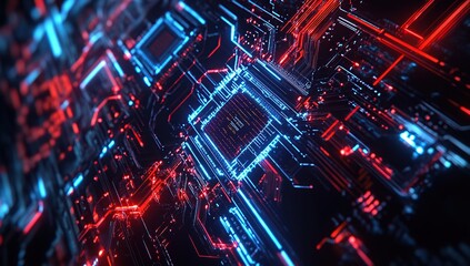 Poster - Abstract Futuristic Circuit Board Glows with Red and Blue Neon Lights, High-Tech Digital Technology Background,  Cyberpunk Style.