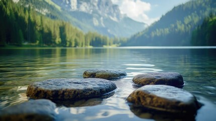 Wall Mural - Serene Mountain Lake with Stepping Stones in Clear Water Reflection