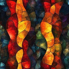 Fototapete - Colorful Abstract Stained Glass Pattern with Vivid Red, Orange and Yellow Shapes in Dark Blue Background