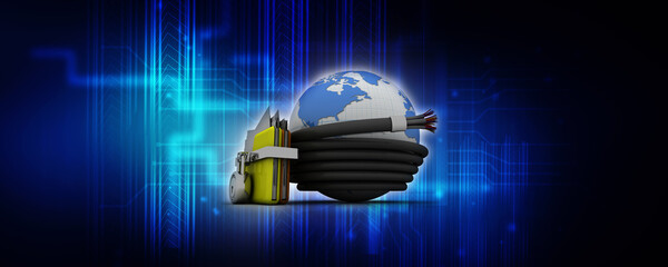 Poster - 3d rendering Fiber optical cable detail connected globe around folder lock
