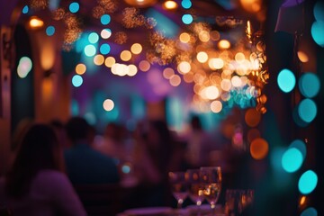 Poster - Festive blurred restaurant scene with bokeh lights and people.