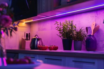 Poster - a modern smart home light strip with color-changing leds, installed under a contemporary kitchen cab