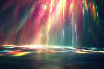 Poster - colorful digital art depicting rays of light shining down on a calm surface creating a vibrant ether