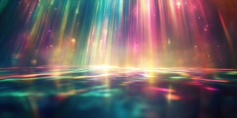 Poster - vibrant digital art depicting colorful rays of light shining across a serene surface in an abstract 