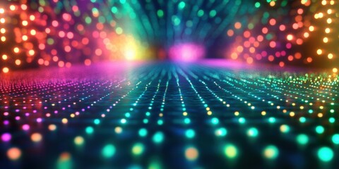 Poster - Digital Art of Colorful Light Rays Shining Down on a Dazzling Dance Floor with Vibrant Dot Patterns and Depth Perception Effects