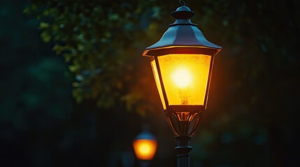 Fototapete - A close-up of a classic street lamp radiating a golden glow in the stillness of a dark night.