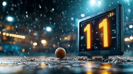 Poster - digital countdown timer display on the street at midnight during a festive new year s eve in a snowy