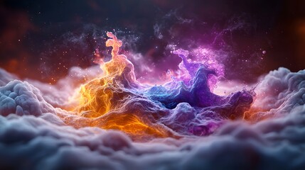 Poster - Fiery Cosmic Eruption in Ethereal Celestial Skyscape with Glowing Flames Swirling Clouds and Vibrant Nebula Formations against a Dramatic Backdrop of the Vast Universe