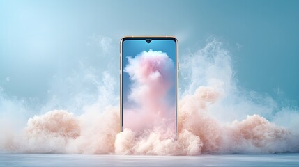 Poster - Floating smartphone device immersed in a serene dreamlike digital atmosphere with wispy ethereal pink clouds creating a modern minimalist and visually captivating composition