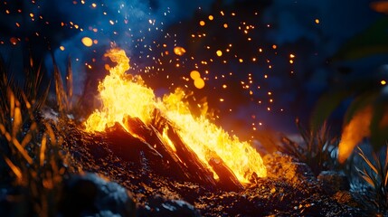 Poster - Blazing bonfire illuminates the frozen snow covered landscape with an intense fiery glow and cascading sparks against a dark winter night sky  The roaring flames and billowing smoke create a dynamic