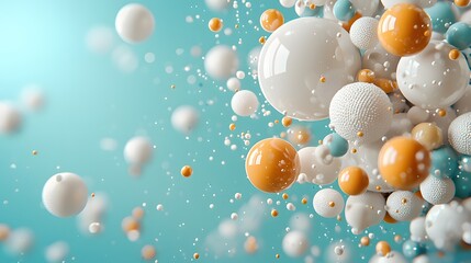 Poster - Floating Colorful Spherical Bubbles Abstract Art Design with Glittering Liquid Overlay Pattern  Surreal and Ethereal Futuristic Aqua Blue Background with Iridescent Shiny Transparent Orbs in Motion